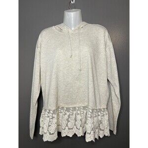 LDLA Sweatshirt Womens Medium Gray Lace Hem Hoodie Pullover Boho Knit Top